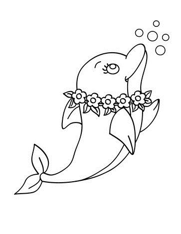 Hình tô màu con cá heo đeo vòng hoa