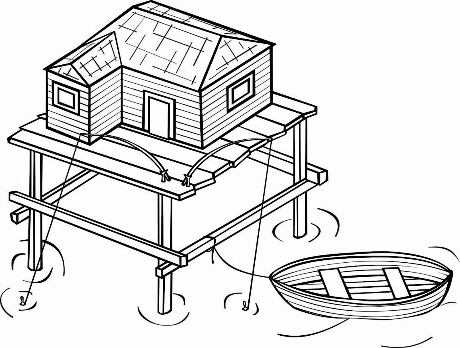 Mewarnai Gambar Siap Print Untuk TK, SD, PAUD: Rumah Diatas Sungai