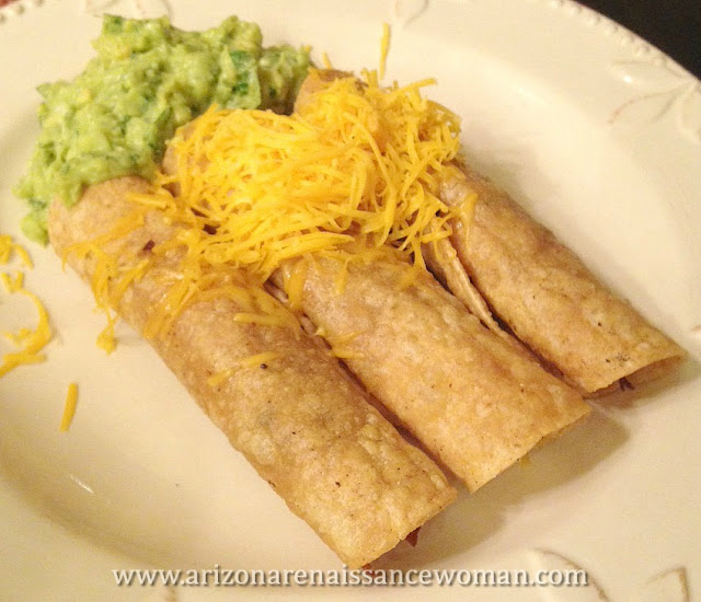 Smoked Chicken and Black Bean Rolled Tacos with Cheese and Guacamole