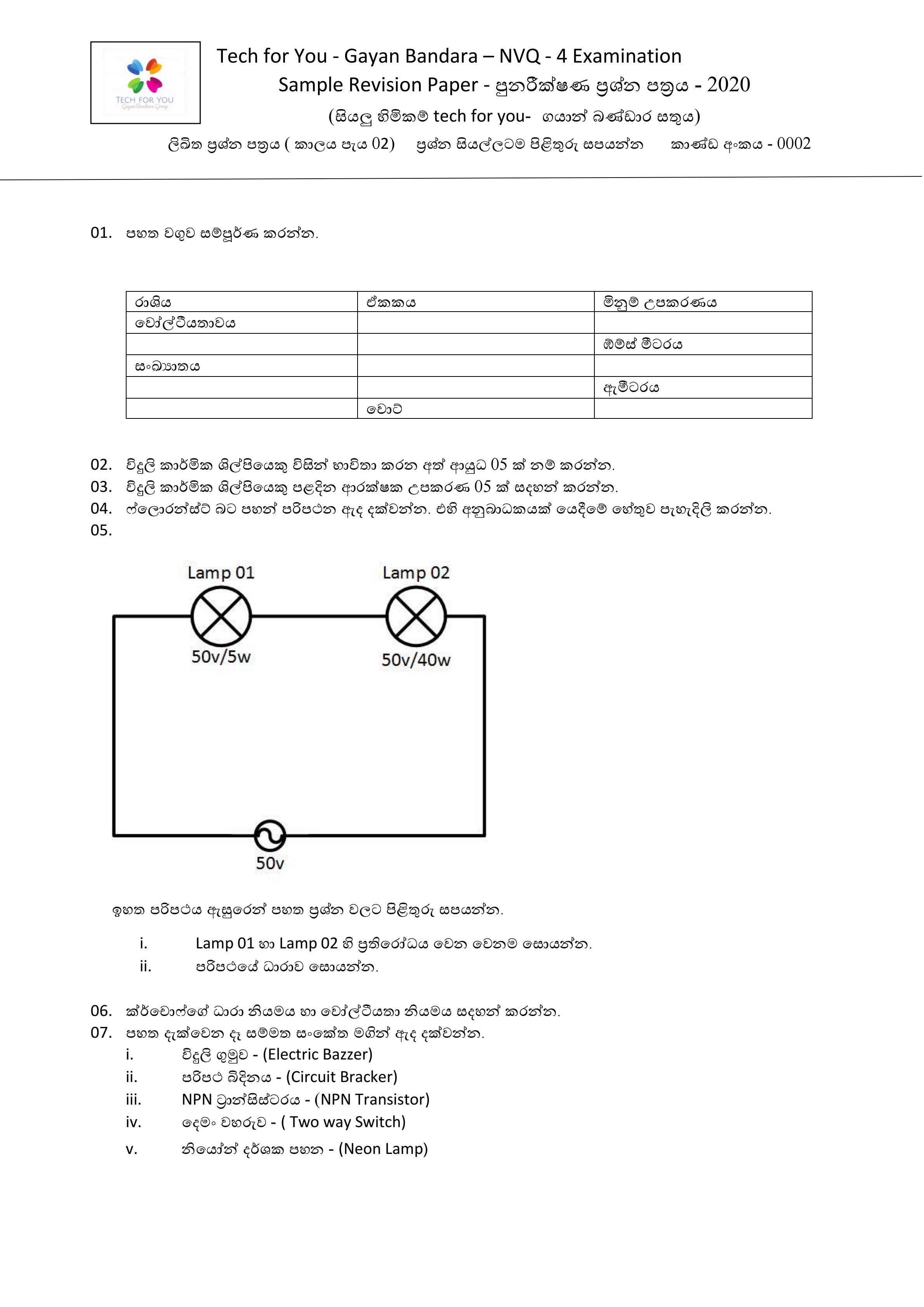NVQ 4 Electrical ආදර්ශ ලිඛිත ප්‍රශ්න පත්‍රය 2020 ජූලි
