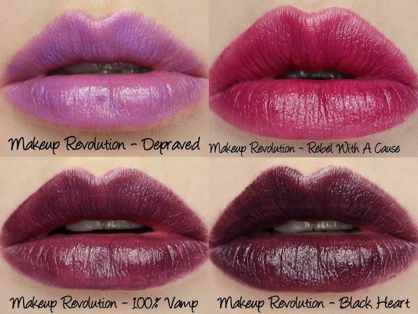 Makeup Revolution Amazing Lipstick - Depraved, Rebel With A Cause, 100% Vamp, Black Heart Swatches & Review