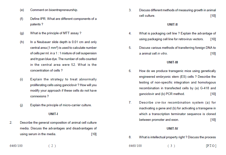 Lucknow University M.Sc.( SemesterIV) BIOTECHNOLOGY [ BT402