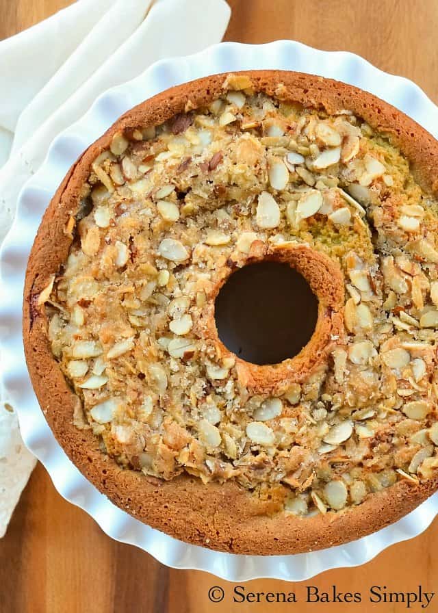 Cherry Coffee Cake with Cream Cheese Filling and Almond Sugar Topping is a favorite for brunch or dessert from Serena Bakes Simply From Scratch.