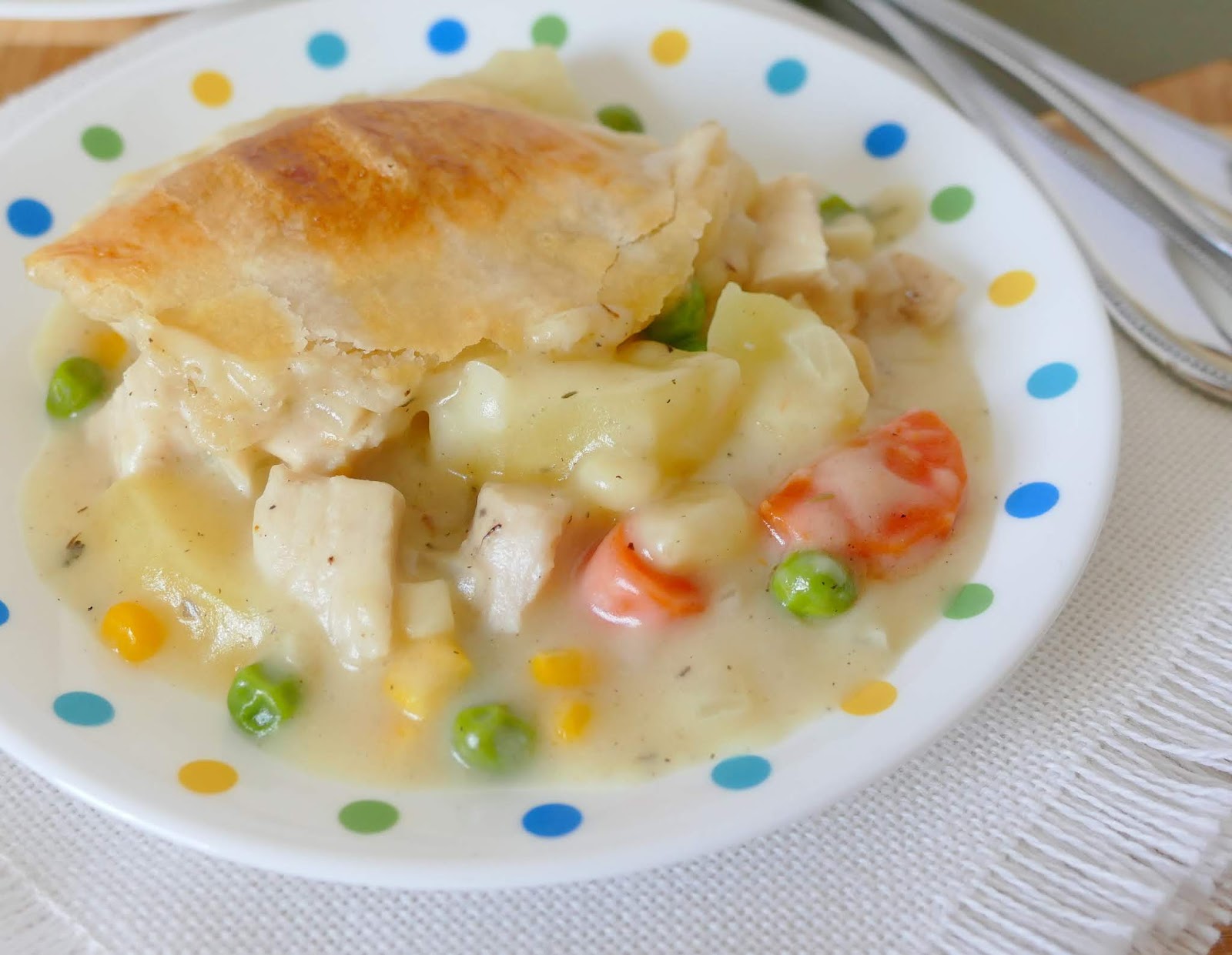 This delicious pot pie is a tried and true, comfort food family favorite! Perfect for a fall or winter Sunday dinner! Great with chicken, or use turkey breast leftover from your Thanksgiving or Christmas meal!