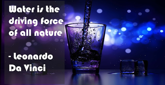 Water bring filled in in a glass with the caption. Water is the driving force of all nature. Leonardo Da Vinci