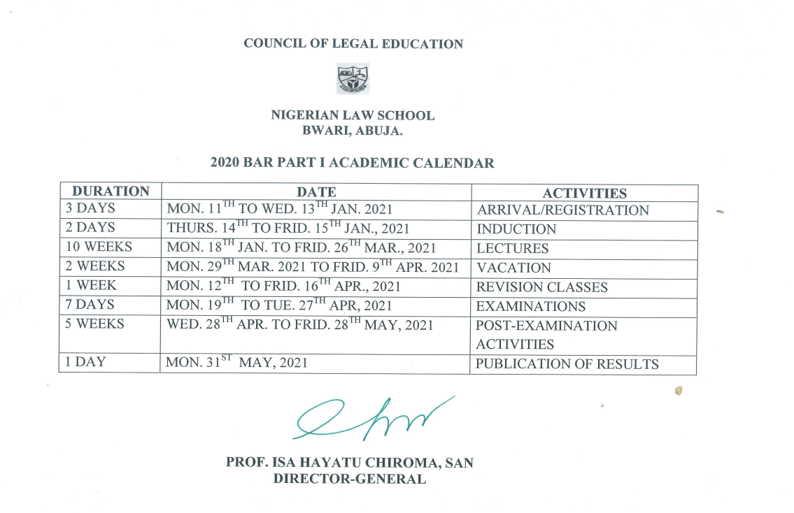 NLS Academic Calendar Schedule 2020/2021 [Bar Part I, II]