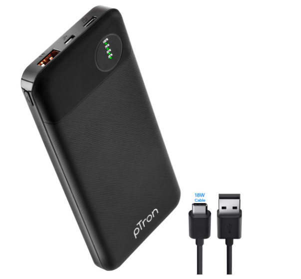 pTron Dynamo Pro 10000mAh 18W QC3.0 PD Power Bank, Made in India, Fast Charge, Type-C & Micro USB Input Ports, with 18W Type C Mini Cable for Smartphones & Other Smart Device - (Black)