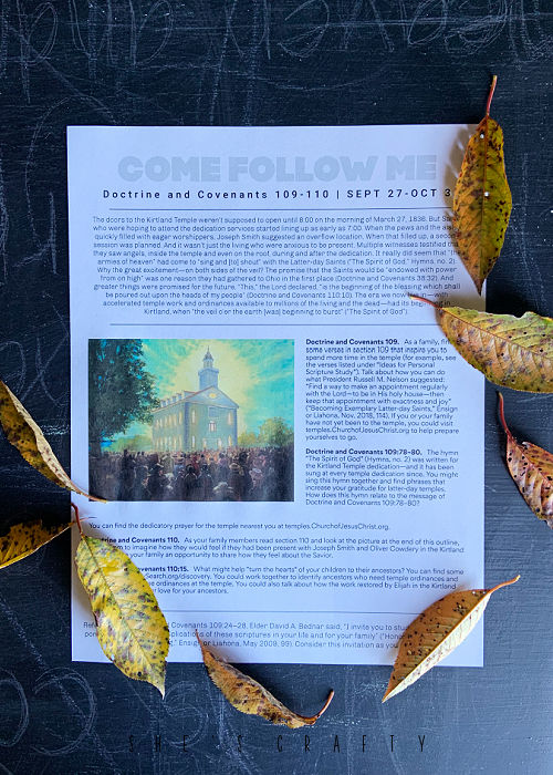 Come Follow Me printed out study sheet with leaves.