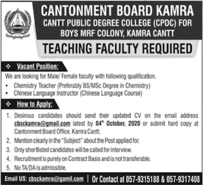 Cantt Public Degree College Kamra CPDC Jobs 2020
