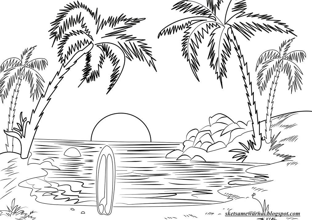 Sketsa Mewarnai Gambar Pantai Sketsa Mewarnai