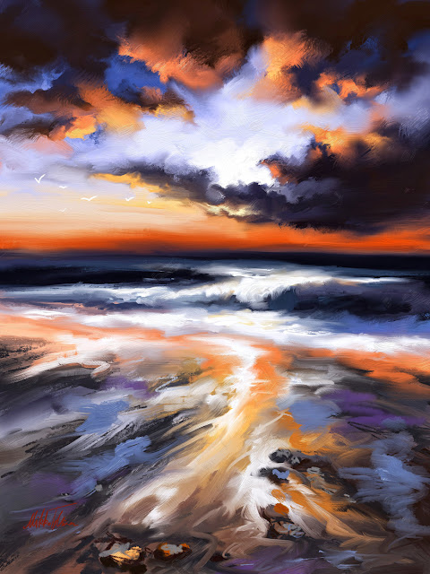 Sunset at beach digital mysterious landscape painting by Mikko Tyllinen