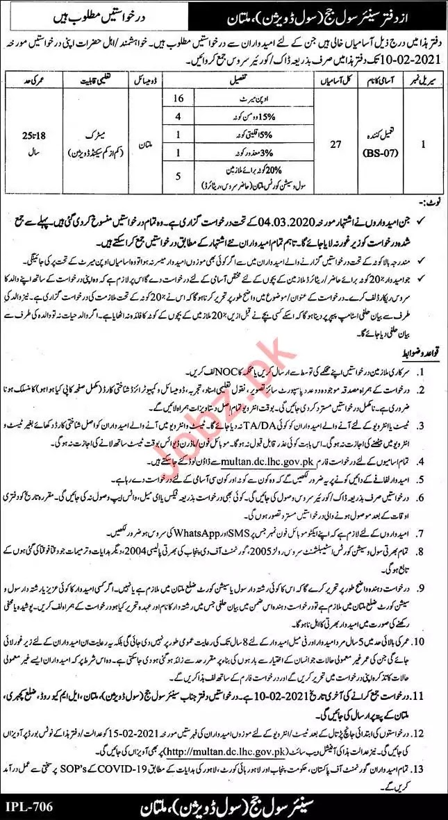 District and Session Court Multan Jobs 2021 | Latest Govt Jobs