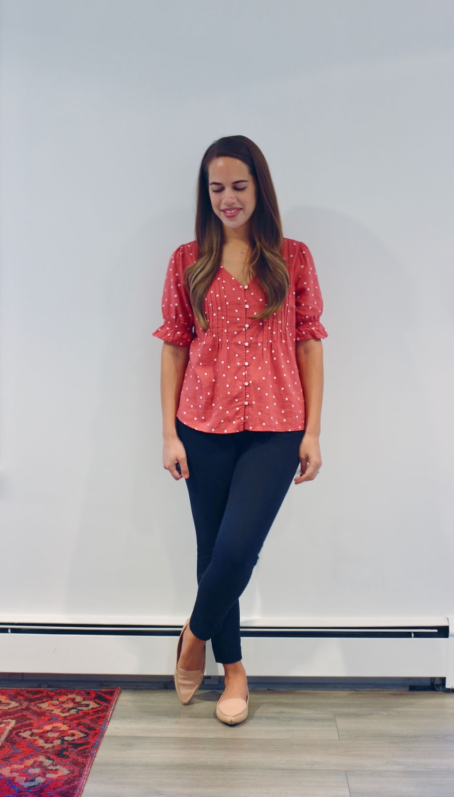 Jules in Flats -  Polka Dot Button Front Top (Business Casual Summer Workwear on a Budget)