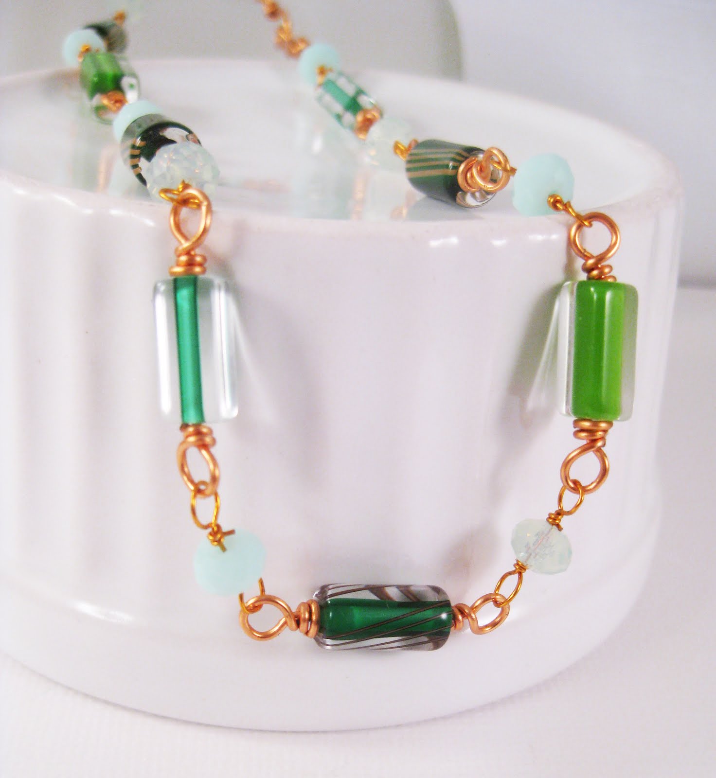 Green Cane Glass Copper Wire Wrapped Necklace