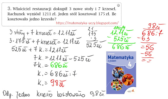 Zad. 3 i 4 oraz zagadka str. 107 i 108 "Matematyka z plusem 4" Działania pisemne - zadania z treścią