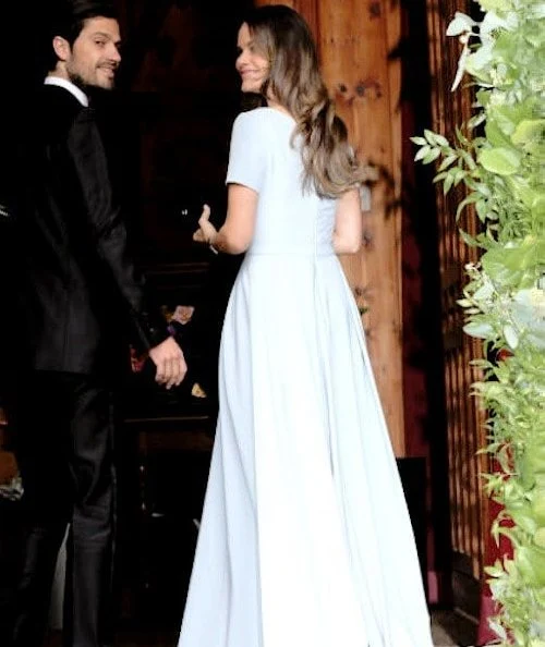 Princess Sofia wore Lorenzo maxi dress by Swedish fashion designer By Malina for wedding of Prince Konstantin and Deniz Kaya