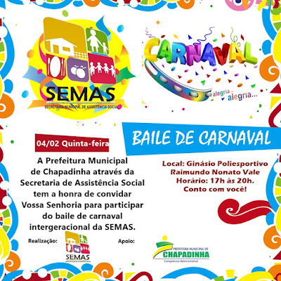 Participe nesta quinta-feira (04), do baile de carnaval do SEMAS