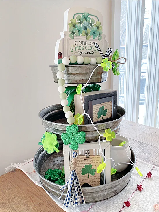 tiered tray filled with St. Patrick's Day items