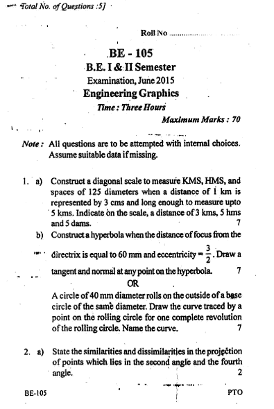 RGPV BE Question Paper Of BE 105 Engineering Graphics June 2015 Rgpv be question paper of be 105 engineering graphics june 2015