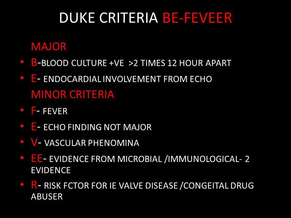 Duke Criteria for diagnosis of Bacterial endocarditis Mnemonic