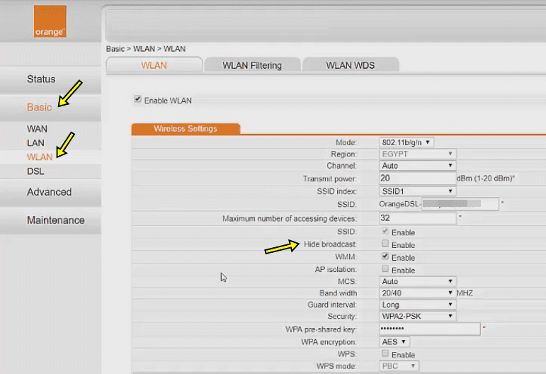 بالصور كيفية اخفاء شبكة الواي فاي لحمايتها من الاختراق We And Tedata وجميع الرواتر الاخري