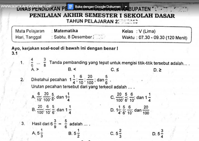 Soal Penilaian Akhir Semester 1 Matematika Kelas 5 K-13 - SekolahDasar.Net