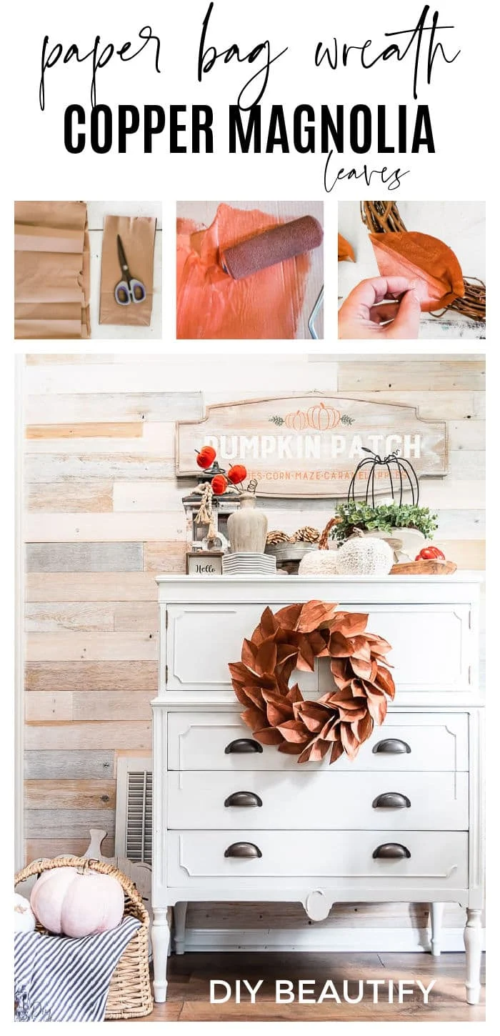 Fall copper magnolia wreath hanging on white dresser front, reclaimed wood walls and Fall vignette
