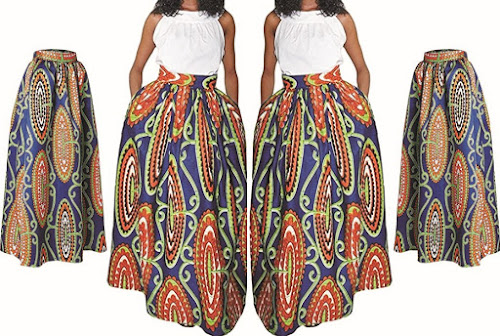 Women's Maxi Skirts: Fashionable Long High-Waist Dress Skirt with African Prints and Side Pockets - Eshoono