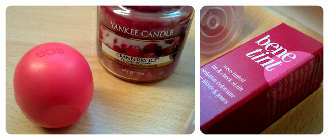 Yankee candle in cranberry ice, benefit benetint, eos lip balm