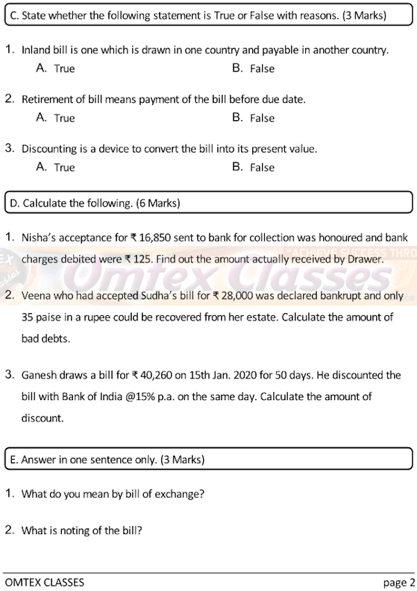 Accounts Test No. 7. Class: 12th Standard Maharashtra Chapter 7: Bills of Exchange.