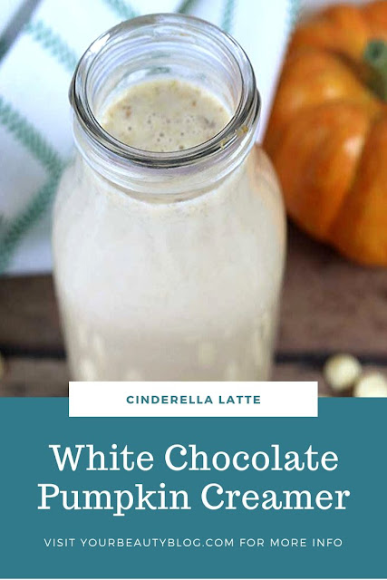 How to make a White Chocolate Mocha Pumpkin aka Starbucks Cinderella latte coffee creamer recipe.  This creamy DIY creamer can be made healthy or skinny or sugar free, low carb, dairy free (non dairy), or vegan depending on the milk and sweetener.  Use almond milk or half and half. Make it skinny and clean if you want.  This combbines the best fall flavors for a twist on the pumpkin spice coffee creamer. Home made DIY coffee creamer is easy to make! #whitechocolate #pumpkinspice