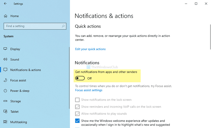 Deshabilite las notificaciones de aplicaciones y otros remitentes en Windows 10