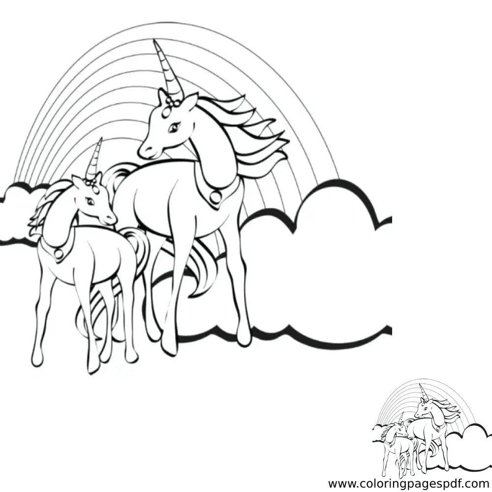 Coloring Page Of Two Unicorns with A Rainbow