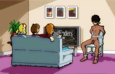 drawing of three women watching tv, undisturbed by a man who is naked, gagged and bound to a chair.
