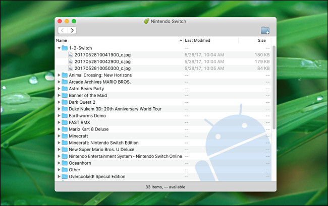 قائمة تبديل لقطات الشاشة ومقاطع الفيديو مرتبة حسب المجلد كما يراها Android File Transfer على جهاز Mac.
