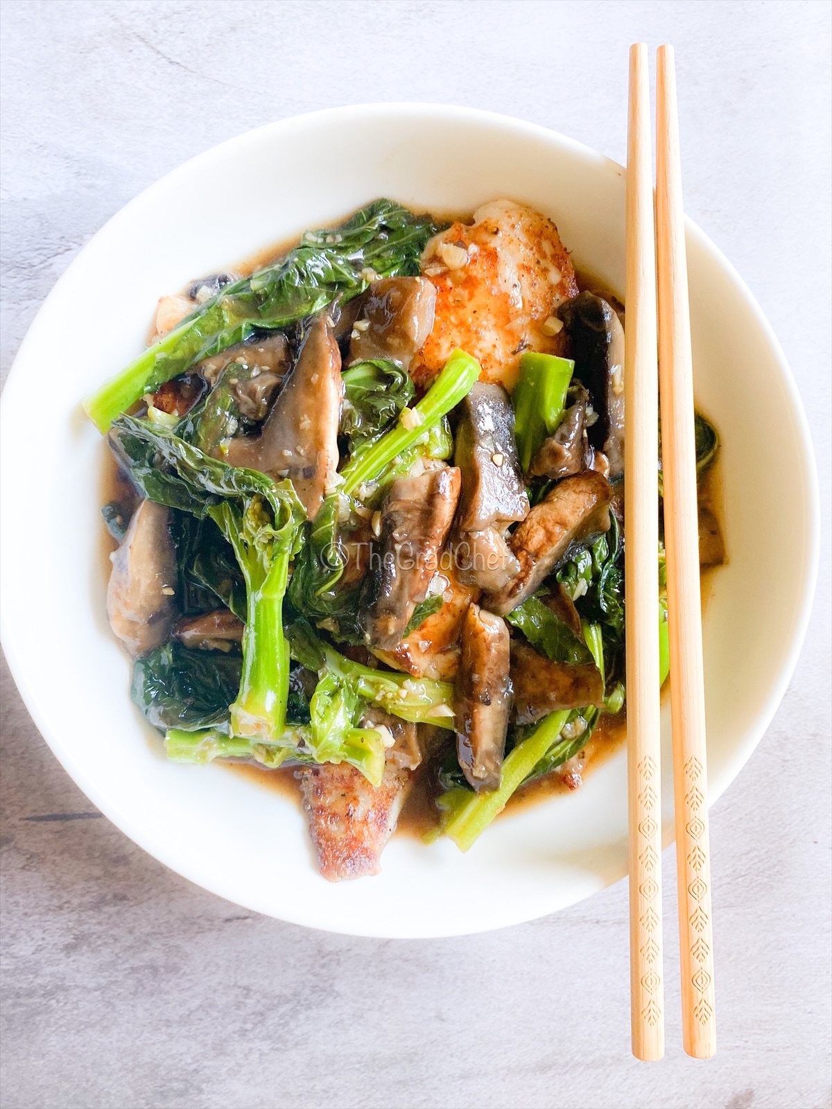 GRILLED FISH WITH GAI LAN AND MUSHROOM
