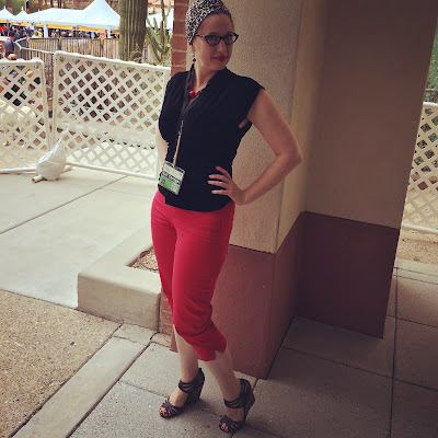 Gail Carriger in Red Capris & Black Velvet with Leopard Accessories at Tucson Festifal of Books 2018