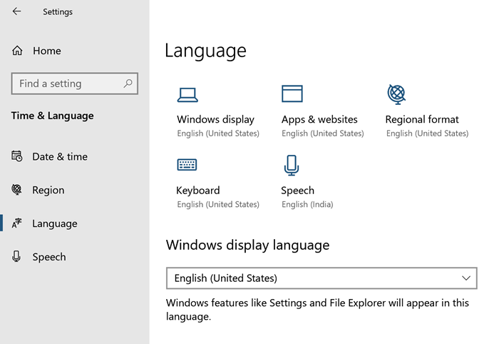 Paramètres de langue de Windows 10