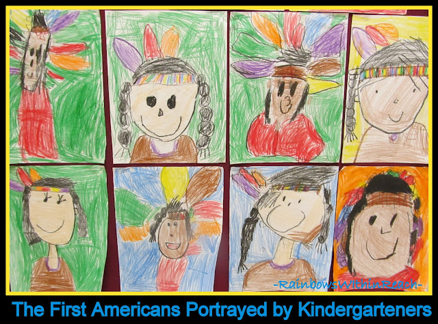 photo of: Bulletin Board of Kindergarten Drawings of Indians in a Celebration of Thanksgiving via RainbowsWIthinReach
