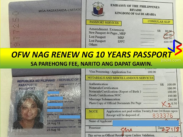 Good news for all OFWs, you will have your passport for 10 years now. More years for the same price. That is what our new passport offers to our dear OFWs in Saudi and other countries. To know the details to renew your passports please follow these steps.  STEP 1: Get an online appointment thru the Philippine Embassy website. CLICK HERE   In order for you to go thru the process, you must provide a valid email address. If you are registered before click login or for a new applicant you can click the REGISTER icon. Fill up the entry in the registration.  STEP 2:  A confirmation will be sent to your email. It is important to print it. You will present it once you enter the main entrance to the embassy.  STEP 3: Go to Philippine Embassy at least an hour before your appointment. "The earlier, the better" will not be a guarantee that you will be accommodated soon. So just be at the embassy at least 30 minutes to an hour. A reminder that a photocopier will not be always available at the site. Prepare a copy of the first page of your passport at least 2 copies. Your iqama will be needed if additional identification is needed.  Form for passport renewal can be-be downloaded at this LINK Once you entered the Embassy, get a queue number at the information area.  This will determine the amount of time you have to wait. But before you proceed with your passport application, a counter for registration for Absentee Voters is on the side. All passport applicants are required to register. If you are a voter from the recent 2106 Presidential election, the chance of having your voter ID is ready. This is how it looks like. STEP 4: Finally it's your turn. The waiting time varies from an hour to four hours.  Once your number was called proceed to the counter you are assigned. Just a few things to remember before your photo shoot. No earings should be worn during the shoot. No to a big smile, though you are allowed to show your teeth. Remember this will be your photo on your passport for ten years.  STEP 5: PAYMENT- After the encoding, receipt will be given and you can proceed to pay 240 SR at the cashier. The same price you pay for five years before, sweet isn't. Usually, you will wait for 345- 60 days before you get your new passport.