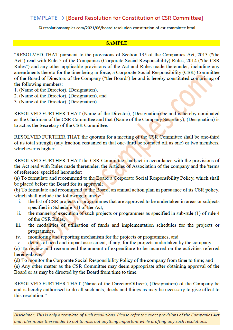Draft Board Resolution for Constitution of CSR Committee