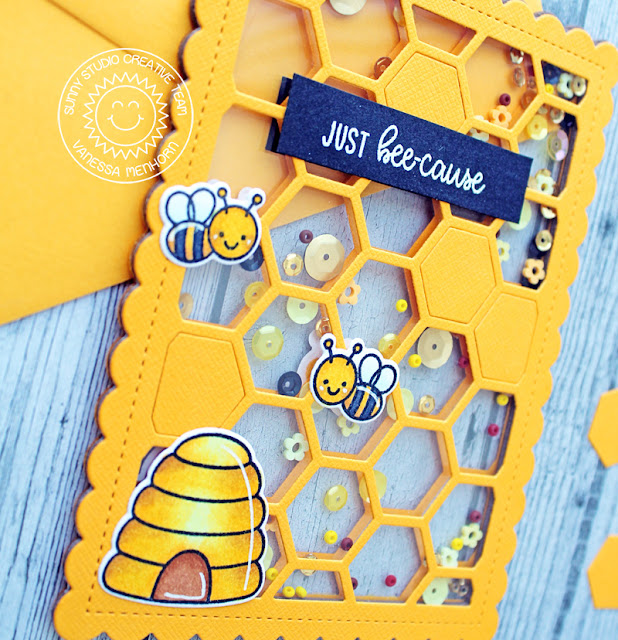 Sunny Studio Stamps: Frilly Frames Just Bee-cause Shaker Card by Vanessa Menhorn
