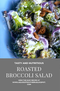 Roasted Broccoli Salad with Bacon: A twist on a favorite side dish takes on new depth of flavor with roasted vegetables and the addition of bacon all tossed in a flavorful sauce! - Slice of Southern