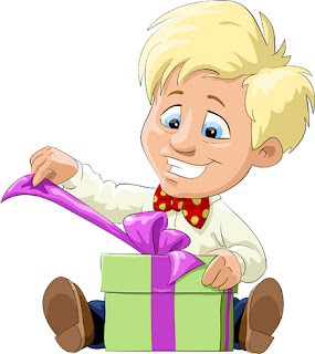 Clipart Image of a Little Blond Boy Opening a Gift