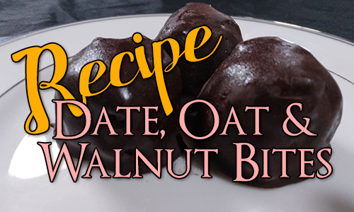 Recipe: Date, Oat & Walnut Bites - shows chocolate covered sweets on a plate