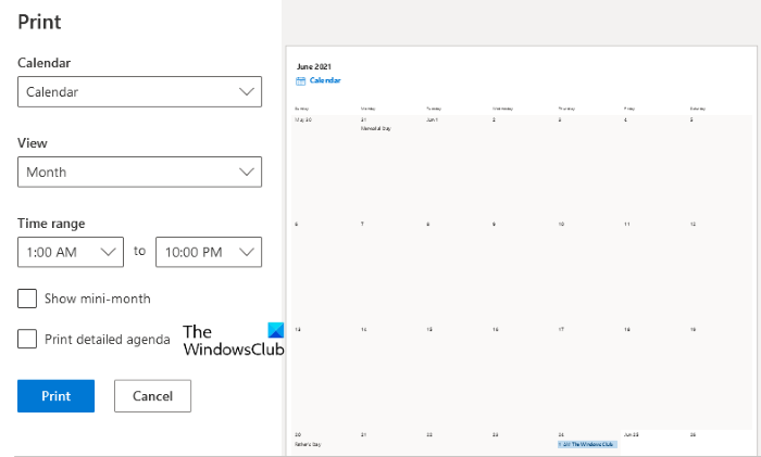 OutlookWeb1でカレンダーを印刷する