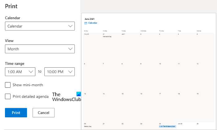 распечатать календарь в Outlook Web 1