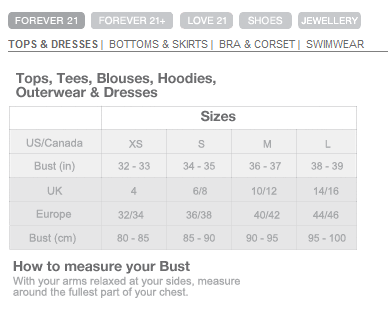 Forever21 Size Guide ~ DzClo x Forever21 USA