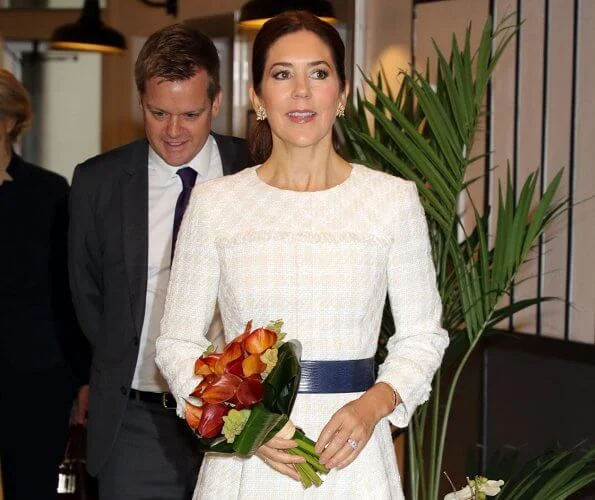 Crown Princess Mary wore a dress by Ole Yde Copenhagen, Gianvito Rossi pumps and carried Prada bag