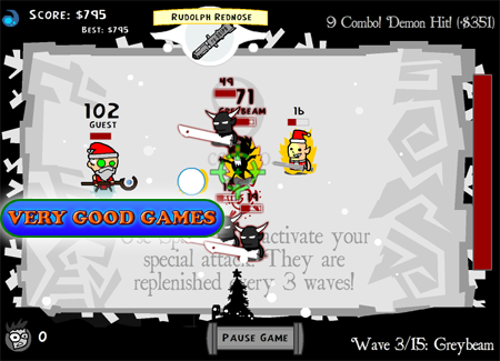 A screenshot from a free online browser shooting game Ultimate Santa Battle for Windows and Apple computers